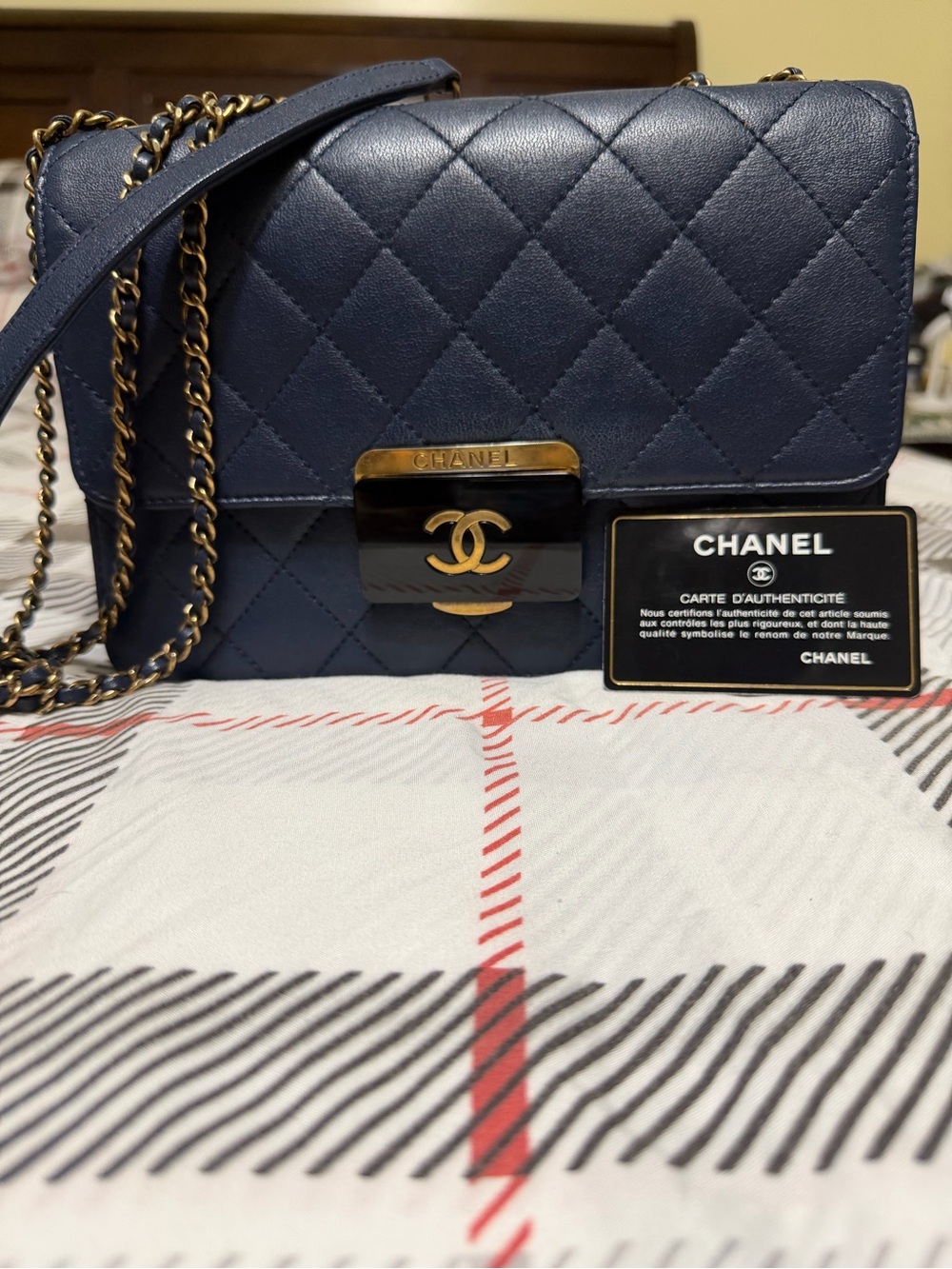 Chanel Lock flap Navy Quilted Sheepskin Shoulder Bag with Gold Hardware